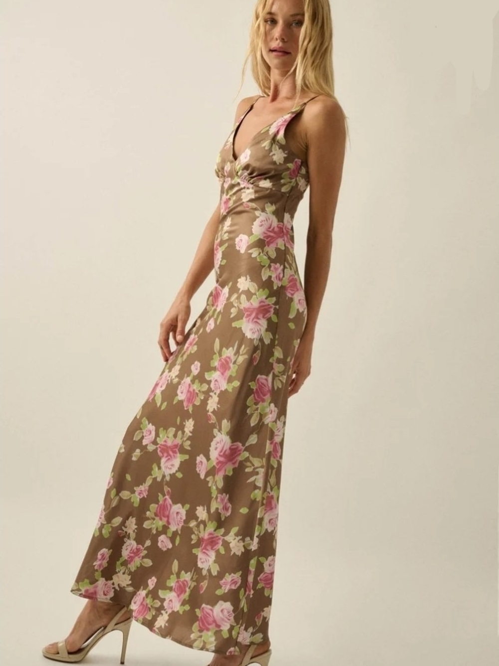NWT Promesa Sweetest Rose Floral-Print Satin Maxi Slip Dress Sz S